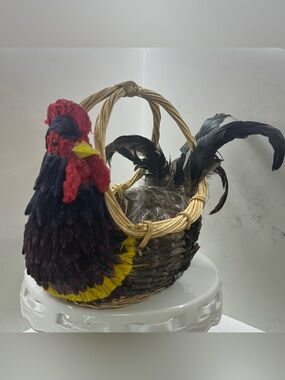 Vintage Handcrafted Rooster Wicker Basket Centerpiece Feather Country Farmhouse